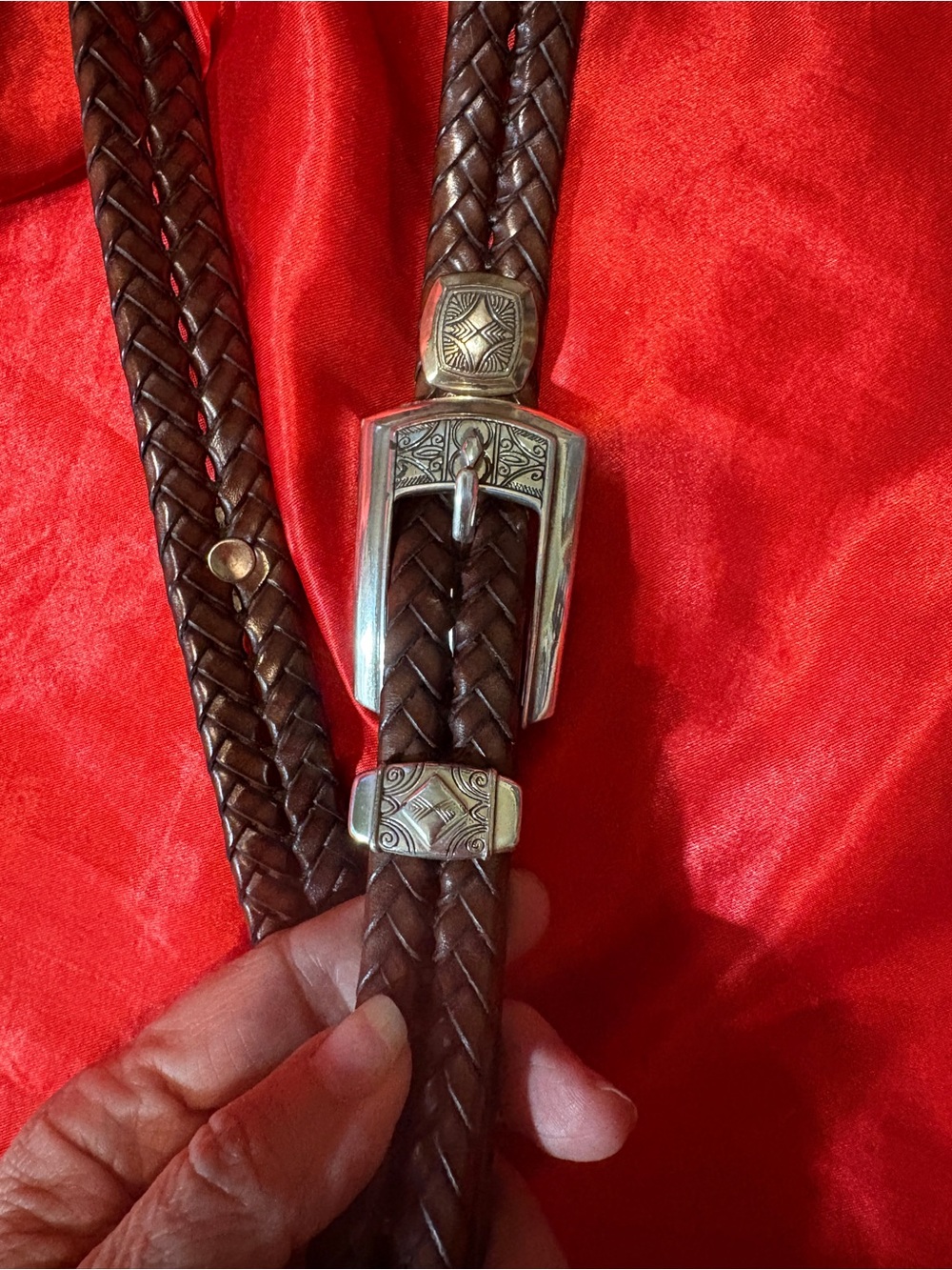BRIGHTON Braided Brown Leather Belt with Decorative Silver Buckle